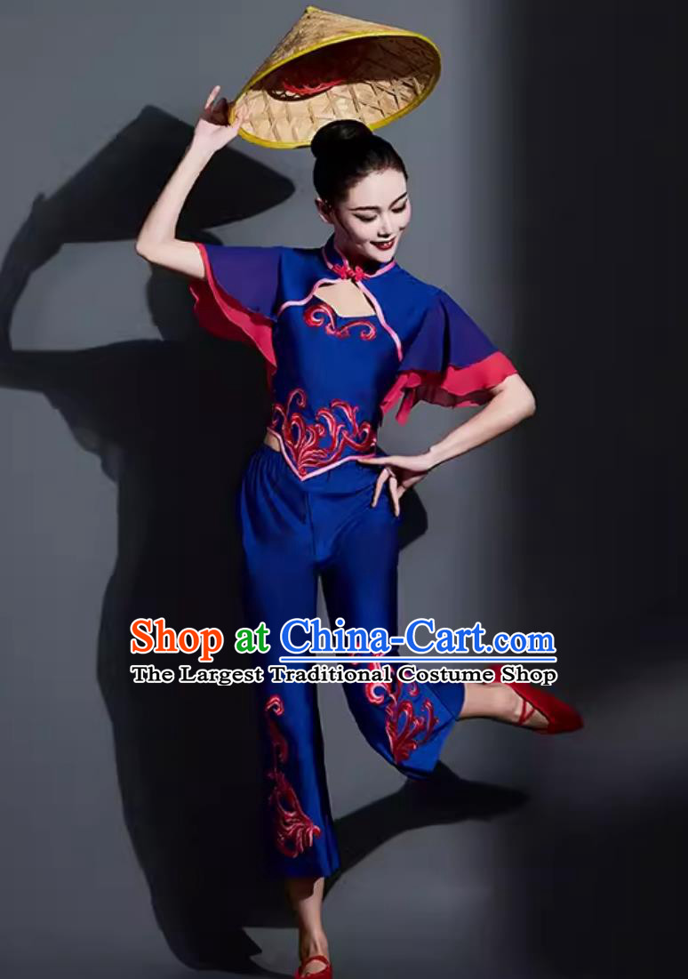 Chinese Folk Dance Costume Traditional Fan Dance Women Group Dance Clothing China Yangko Dance Deep Blue Outfit