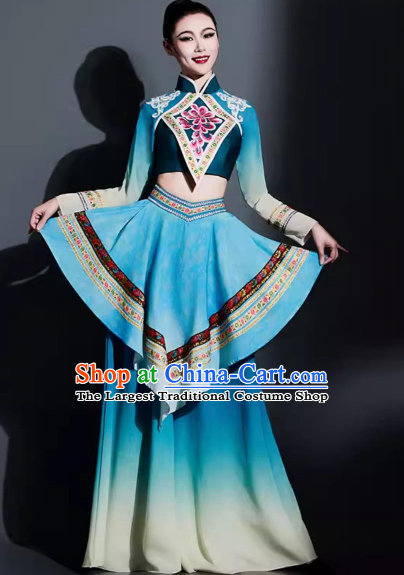 Traditional Yangge Fan Dance Women Group Dance Clothing China Yangko Dance Blue Outfit Chinese Folk Dance Costume