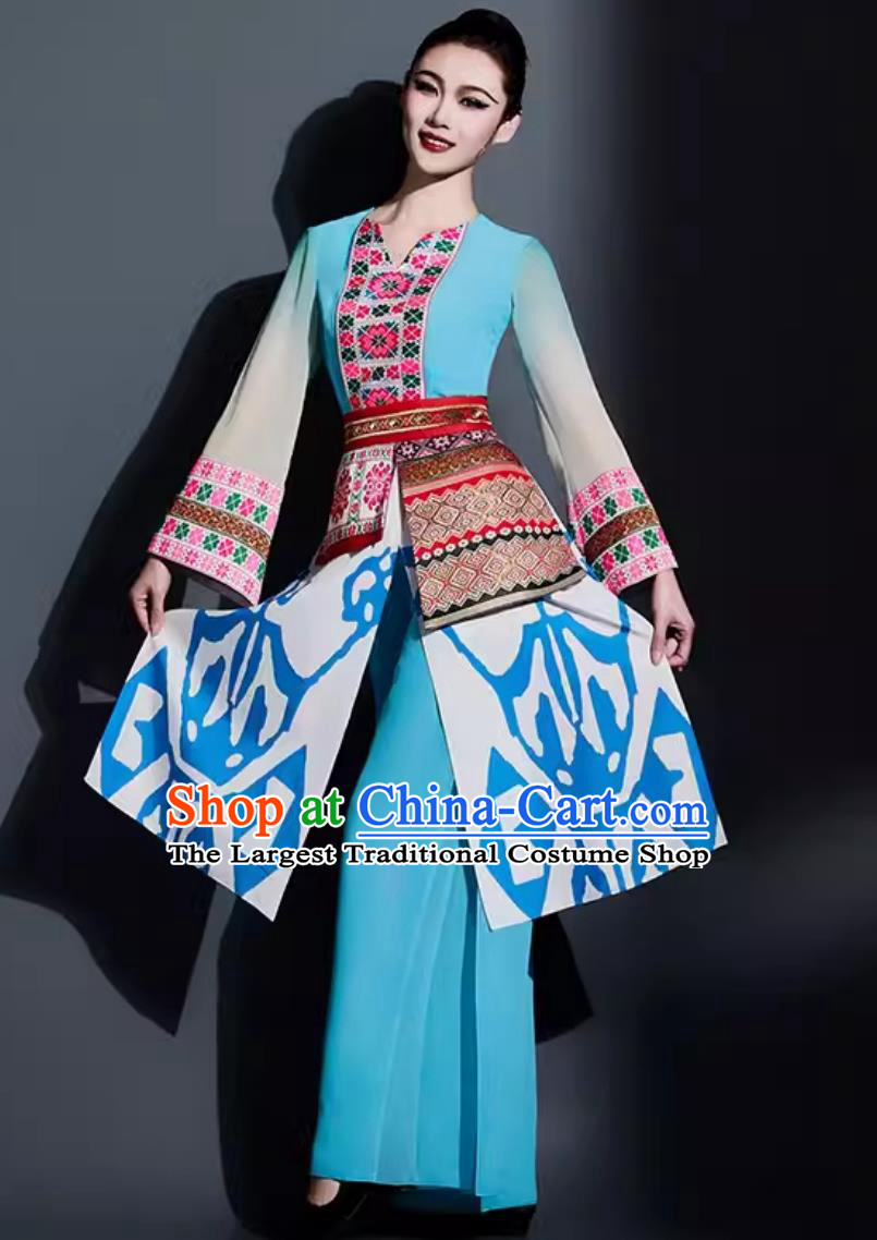 Chinese Yao Ethnic Dance Costume Traditional Yangge Fan Dance Women Group Dance Clothing China Yangko Dance Blue Outfit