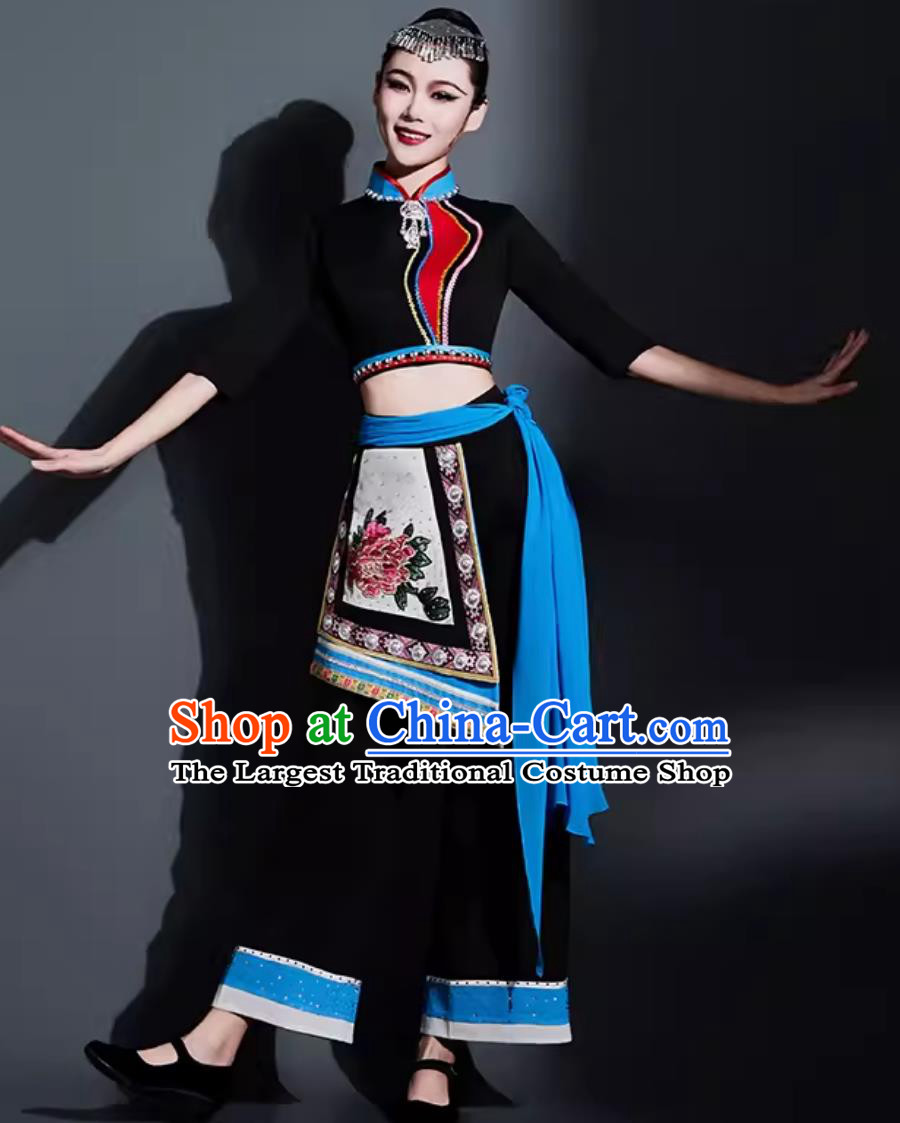 China Yangko Dance Black Outfit Chinese She Ethnic Dance Costume Traditional Fan Dance Women Group Dance Clothing