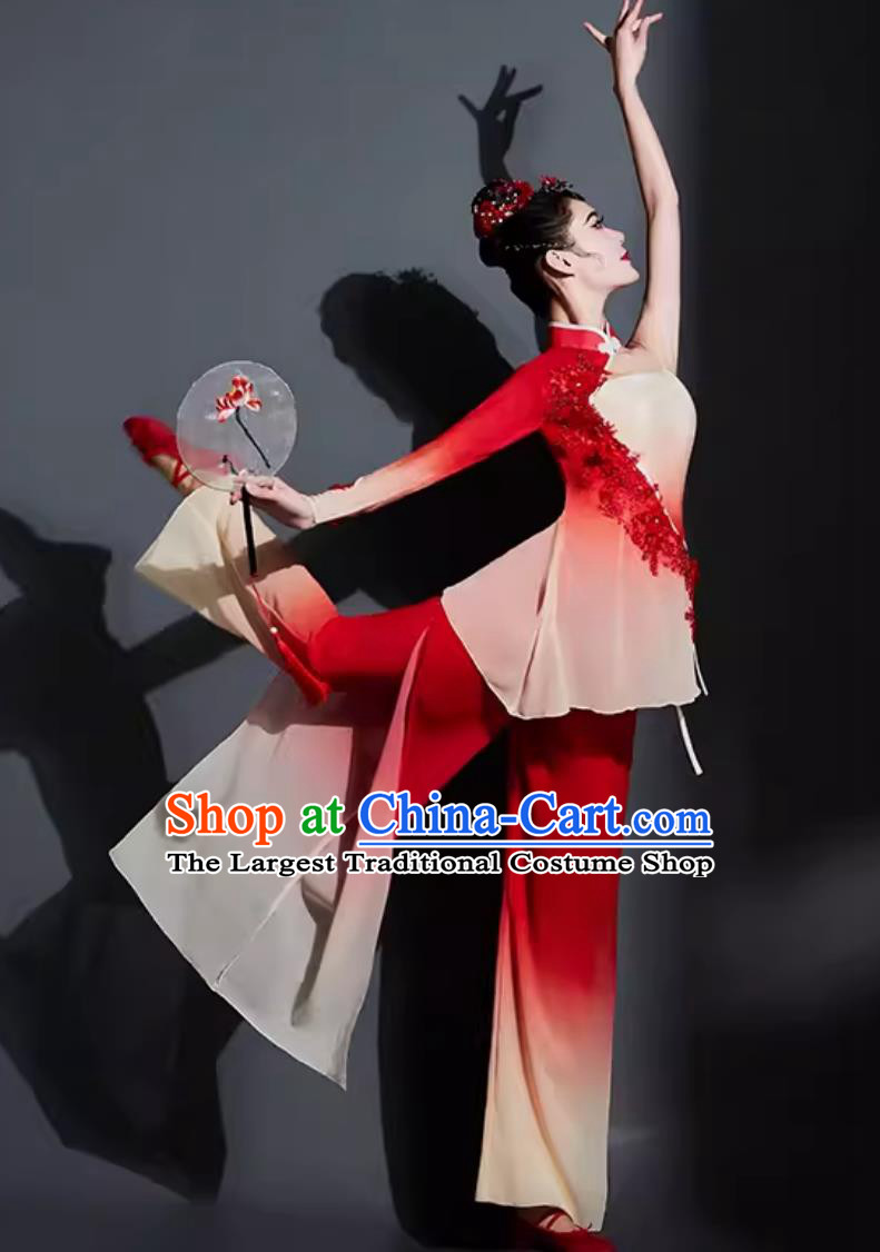 Chinese Fan Dance Costume Traditional Yangko Dance Women Group Dance Clothing China Folk Dance Red Outfit