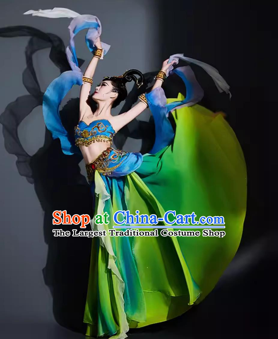 China Dunhuang Flying Apsaras Dance Green Dress Chinese Classical Dance Costume Woman Solo Dance Clothing