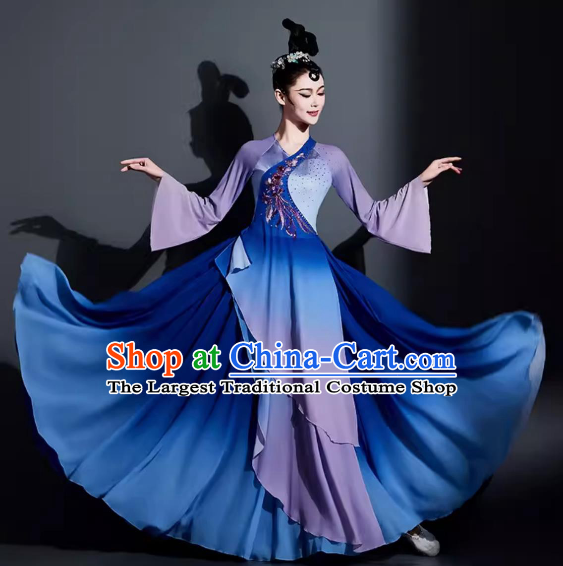 Chinese Dance Contest Costume Traditional Umbrella Dance Clothing China Classical Dance Blue Dress