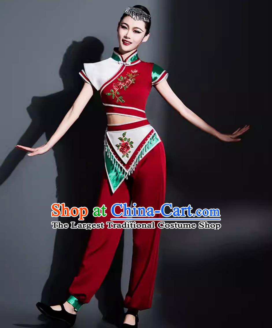 Chinese Bamboo Hat Dance Costume Traditional Yangko Dance Fan Dance Clothing China Folk Dance Outfit