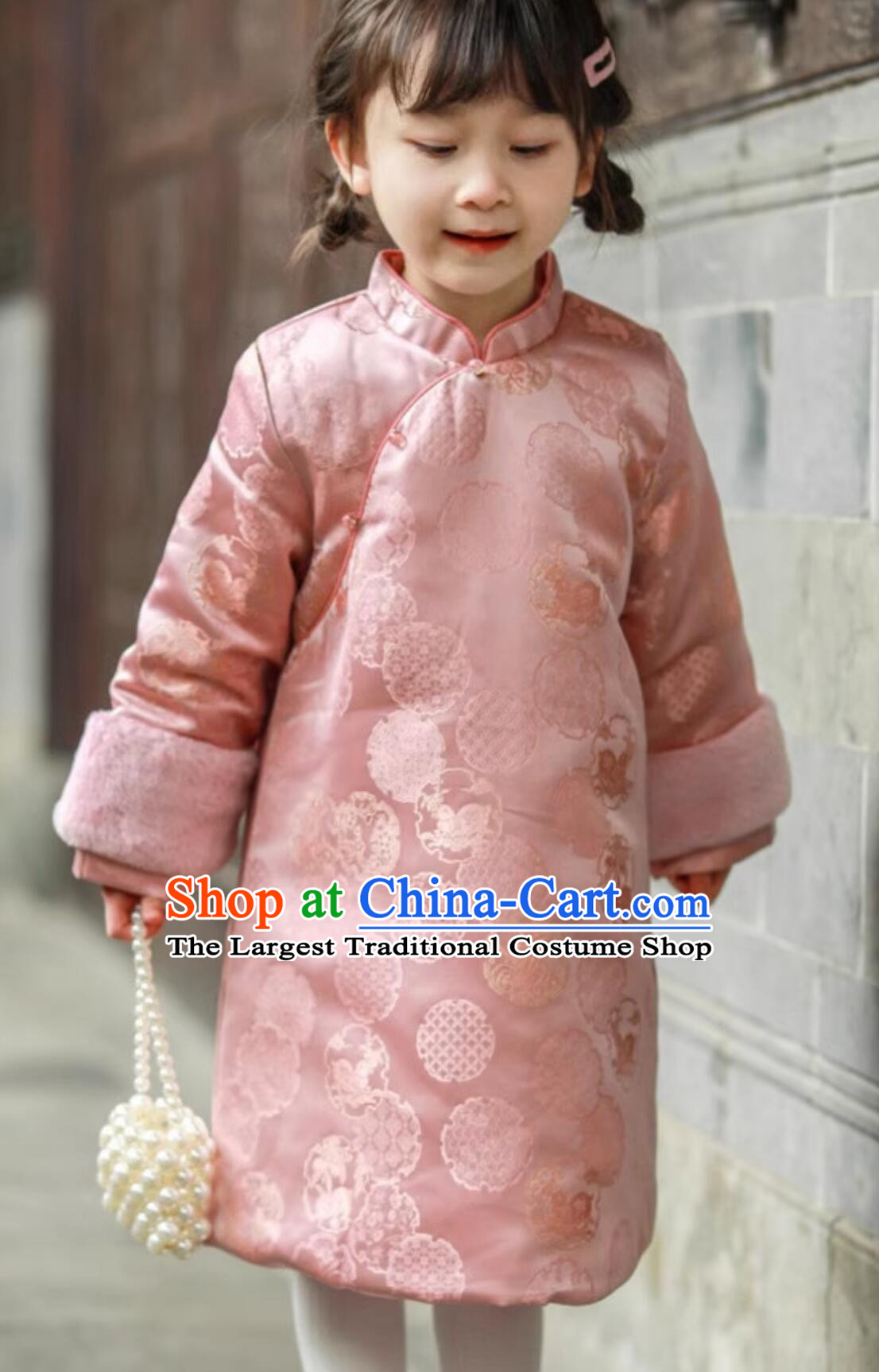 Winter Warm Cheongsam China Pink Dress Traditional Chinese Clothing Children Qipao