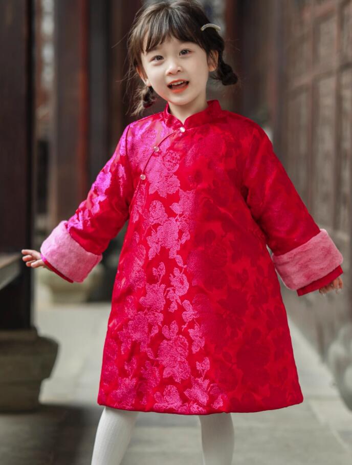 Winter Children Qipao Warm Cheongsam China Rosy Dress Traditional Chinese Clothing