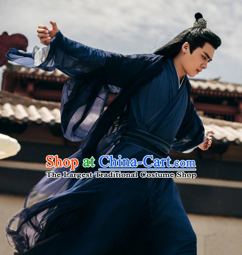 Mirror A Tale of Twin Cities Young Leader of Quan Xian Tribe Su Mo Clothing Chinese TV Drama Ancient Swordsman Dark Blue Costumes