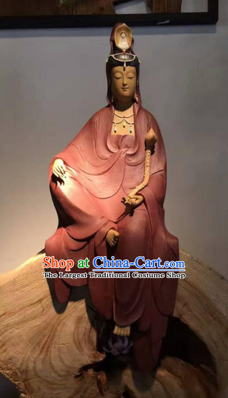 Red Dress Guan Yin Statue Handmade Shiwan Ceramic Sculpture Chinese Bodhisattva Figurine