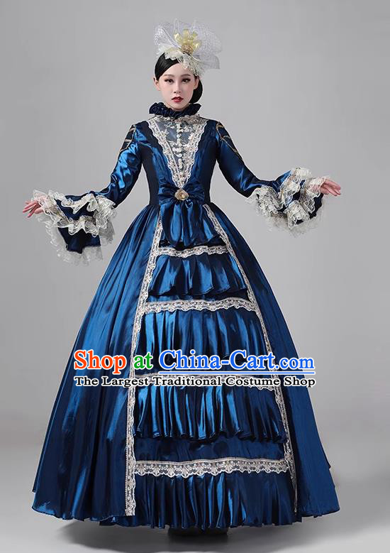 Dark Blue European Court Dress French Medieval Aristocratic Long Dress Retro Princess Garment Stage Walk Show Clothing Drama Costume
