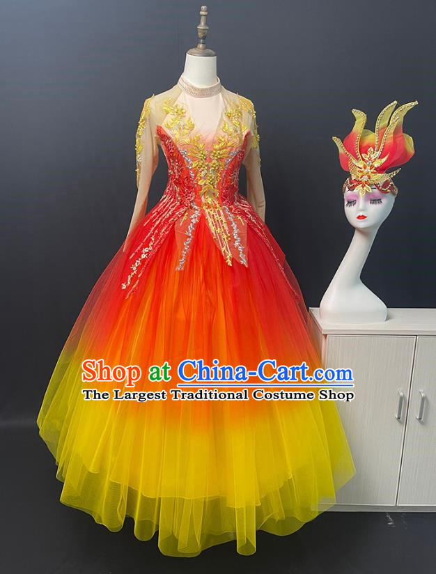 Red And Yellow Opening Dance Performance Costumes With Large Swing Skirts Female Atmospheric Singing And Dancing Costumes Spring Story Dance Costumes