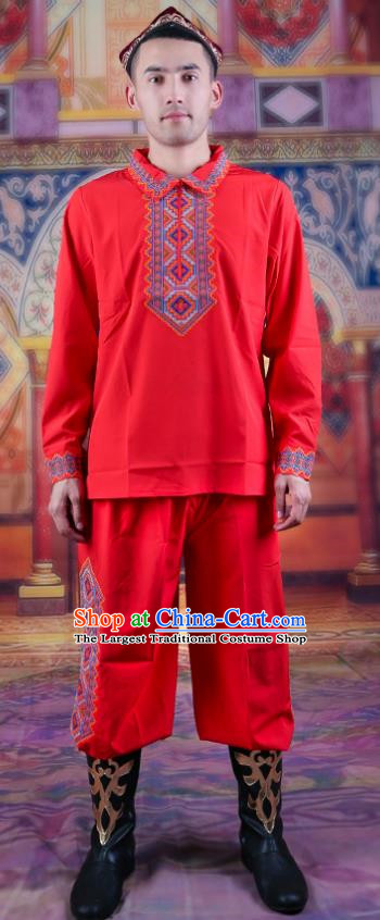 Red Ethnic Style Embroidered Male Dance Clothing China Xinjiang Uyghur Stage Performance Suit