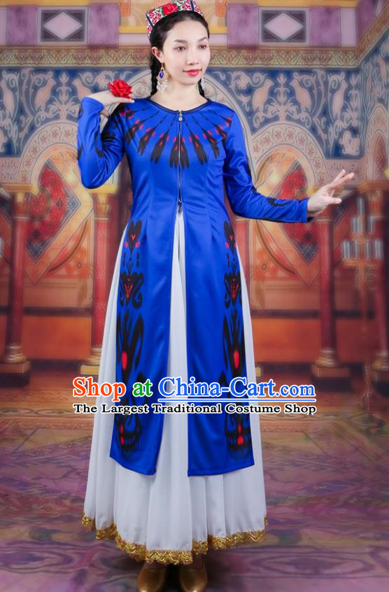 Royal Blue China Xinjiang Dance Performance Costumes Women Long Vest Uyghur Adelaide Long Lace