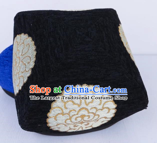 Black Chinese Xinjiang Dance Embroidered Flower Hat For Men And Women Uyghur Stage Performance Four Corner Hat