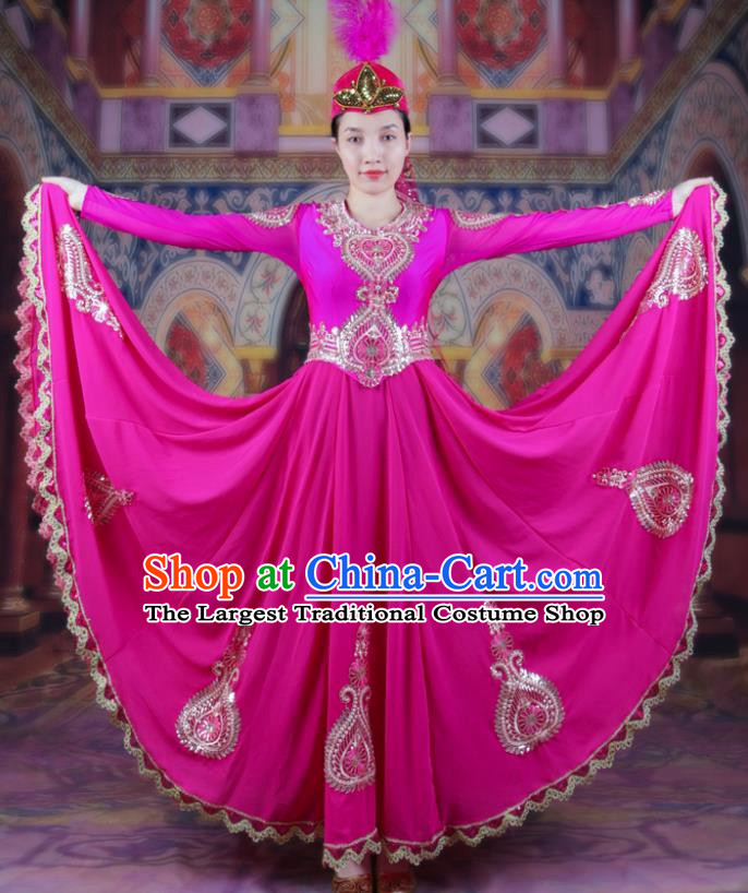 Rose Red Chinese Xinjiang Dance Performance Costumes High Definition Women Dress Suit Ethnic Characteristic Dance Costume Uyghur Large Swing Skirt