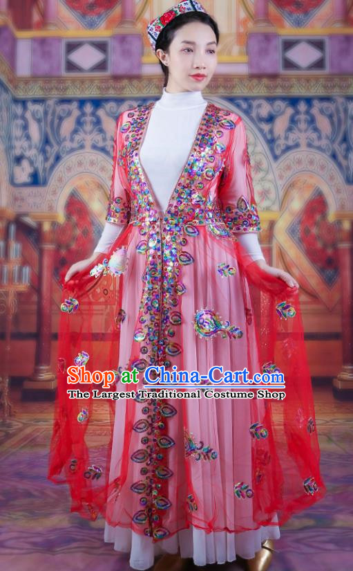 Red China Xinjiang Dance Performance Costume Ethnic Style Bead Embroidery Women Costume Uyghur Long Mesh Vest
