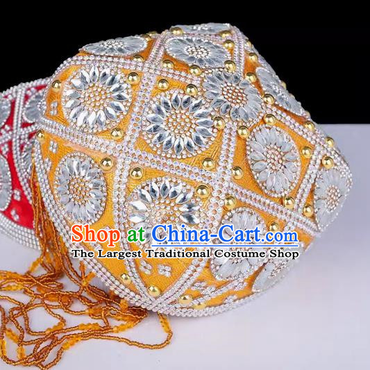 China Xinjiang Dance Performance Hat Ethnic Style Pure Handmade Beaded Embroidery Headwear Uyghur Stage Performance Silver Yellow Flower Hat