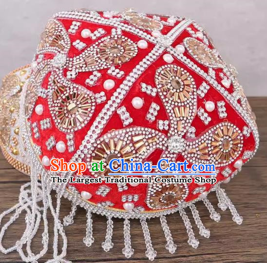 Silver Red Uyghur Flower Hat Handmade Beaded Lady Red Bada Wood Flower Headdress China Xinjiang Dance Stage Hat