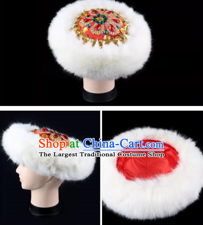 White Chinese Xinjiang Dance Hat Winter Dome Fur Flower Hat Hoop Hat Folk Dance Ladies Stage Performance Performance Bright Diamond