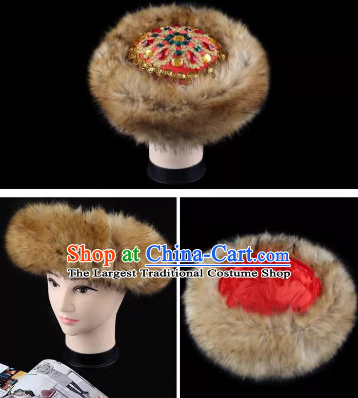 Khaki China Xinjiang Dance Hat Winter Dome Fur Hat Hoop Hat Folk Dance Ladies Stage Performance Performance Bright Diamond
