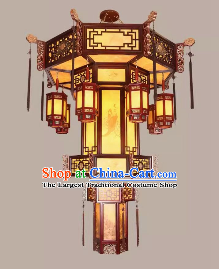 75 Inches Diameter Antique Chinese Villa Chandelier Solid Wood Hexagonal Lantern Classic Hotel Lobby Headlight