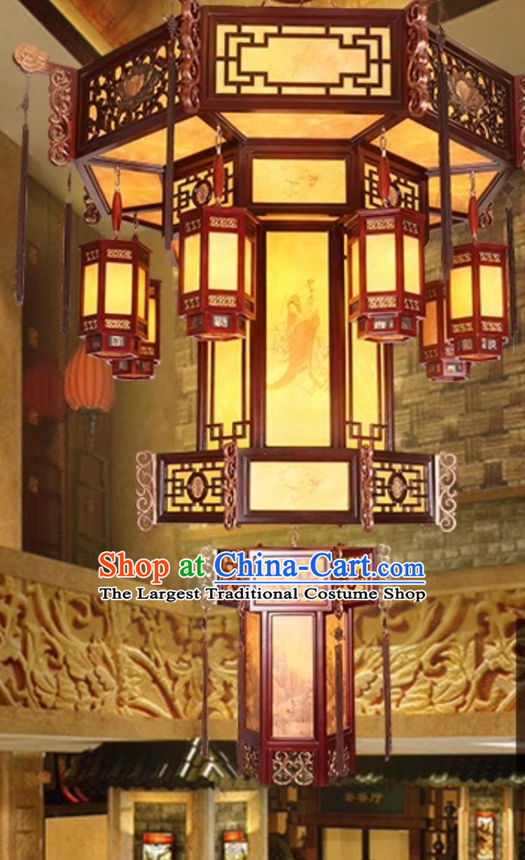 75 Inches Diameter Antique Chinese Villa Chandelier Solid Wood Hexagonal Lantern Classic Hotel Lobby Headlight