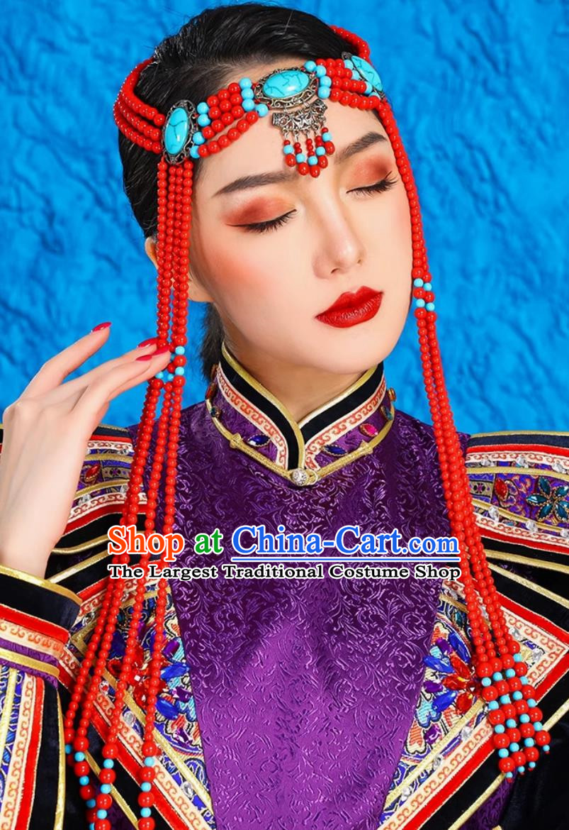 Mongolian Lady Red Bead Forehead Ornament Ethnic Ancient Style Forehead Wiping Tibetan Xinjiang Exotic Style Headdress Forehead Pendant