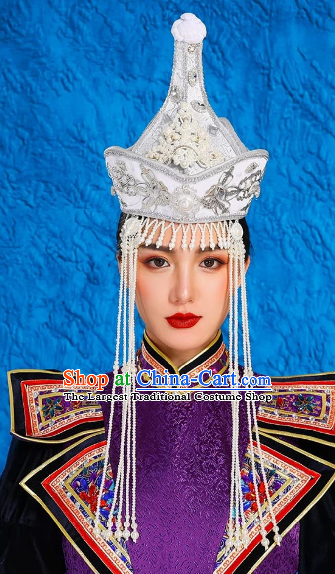 Mongolian Lady White Performance Hat Ethnic Dance Performance Headdress Wedding