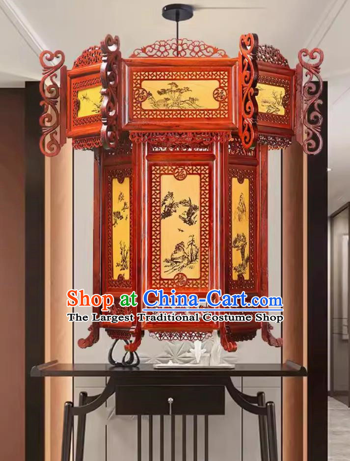55cm Antique Palace Lantern Chinese Style Solid Wood Hexagonal Landscape Palace Lantern Yellow Sheepskin New Year Lantern