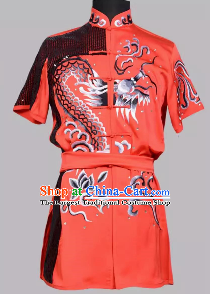 Martial Arts Black Sequin Embroidered Dragon Cloud Red Performance Clothing Competition Practice Clothing