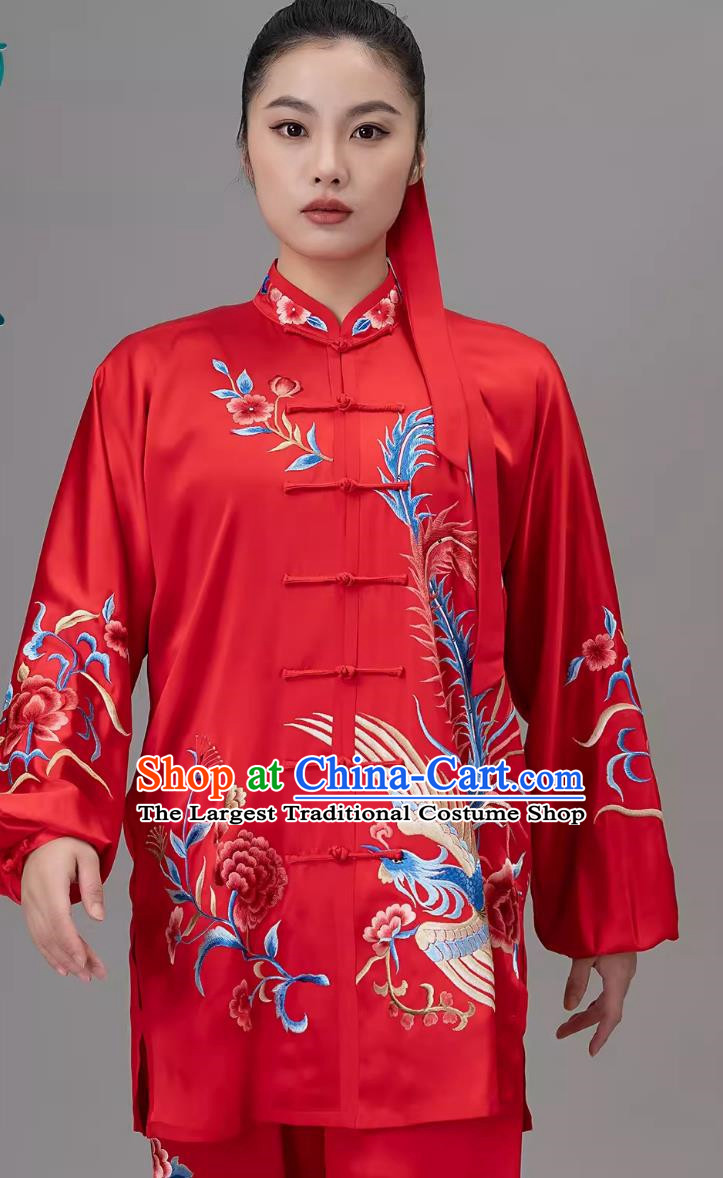 Silk Tai Chi Suit With Embroidered Phoenix For Female Training Suit Red Competition Suit