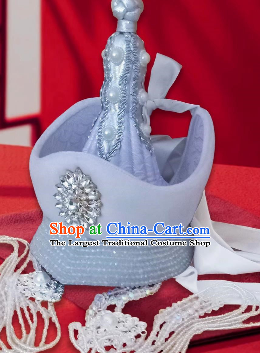 Ladies White Bright Diamond Mongolian High Hat Ethnic Style Wedding Bridal Tassel Headdress