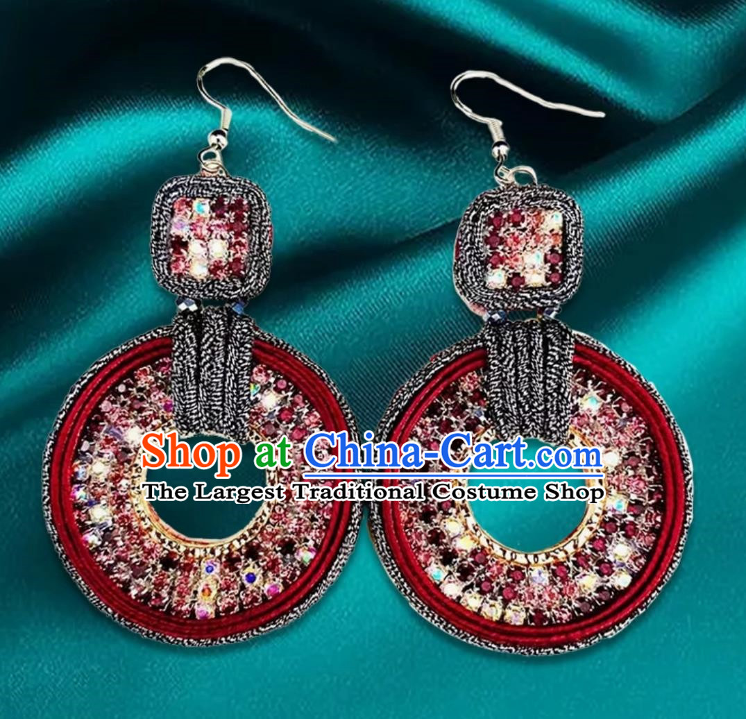 Burgundy Mongolian Fashion Geometric Diamond Encrusted Ethnic Style Earrings Women Earrings Exotic Style Ear Clips