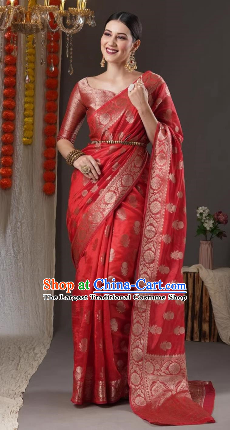 Big Red Organza Jacquard Indian Saree Traditional Wedding Party Festive Ladies Wrap Dress