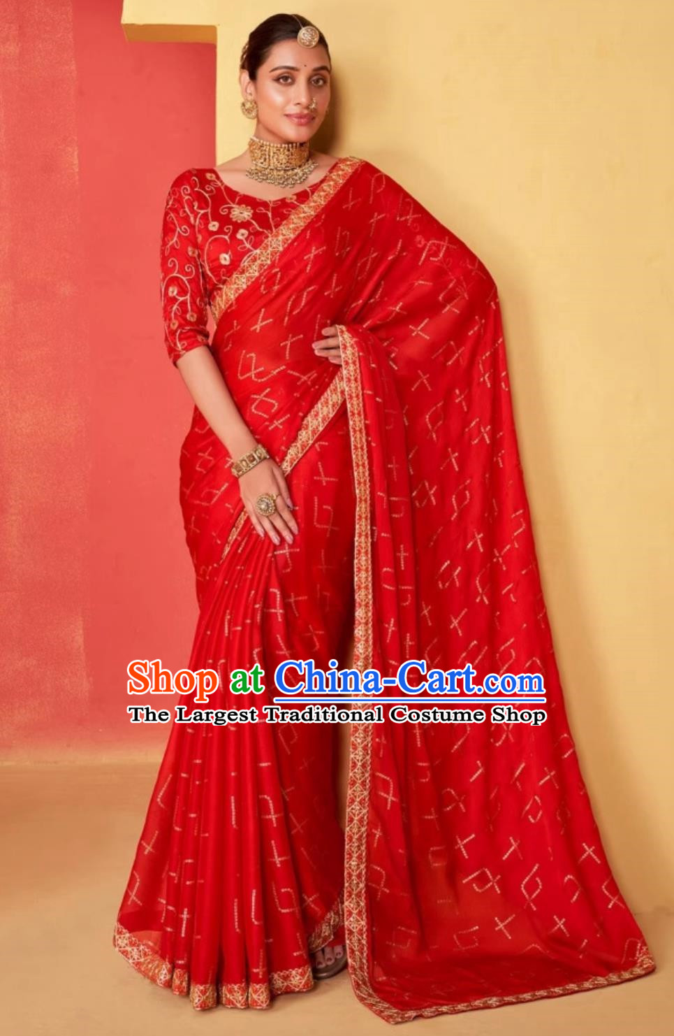 Big Red Chiffon Embroidered National Indian Saree Wedding Festival Party Wrap Dress