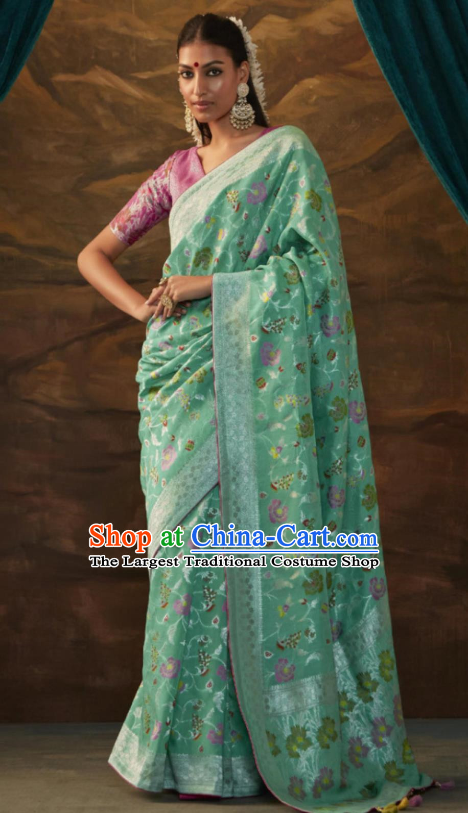Sea Green Indian Saree National Women Wrap Skirt Sari Dress High End Silk Jacquard Clothing