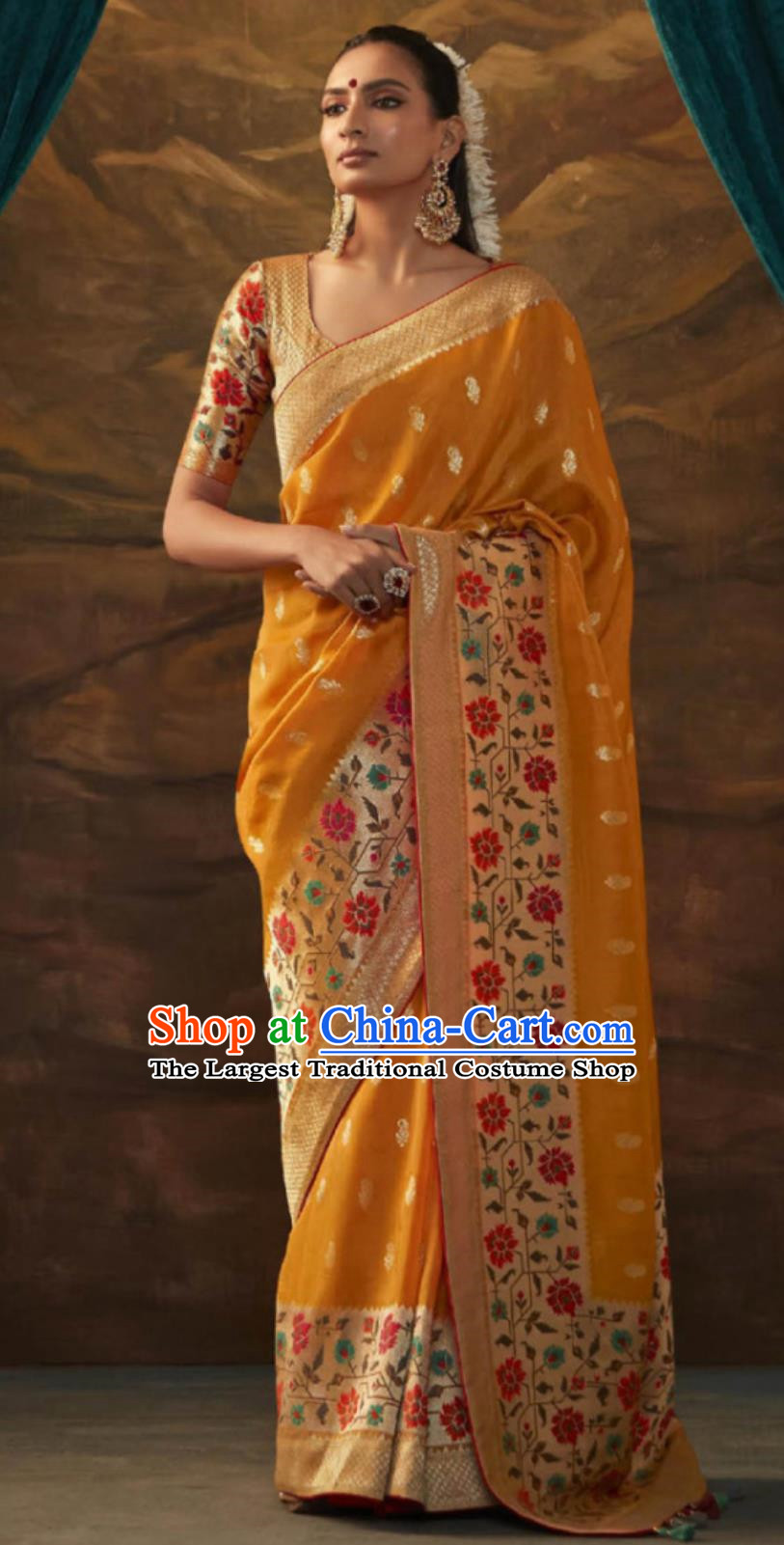 Orange Indian Saree National Women Wrap Skirt Sari Dress Premium Silk Jacquard Clothes