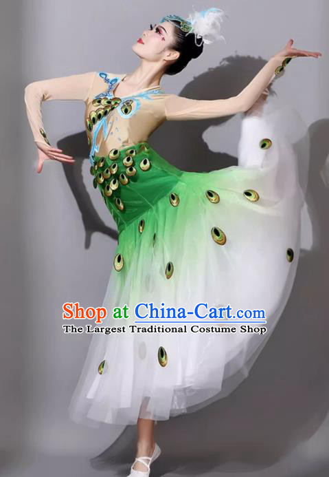 Green China Yunnan Ethnic Minority Cucurbit Flute Performance Clothing Woman Peacock Dance Dress Dai Ethnic Dance Costume