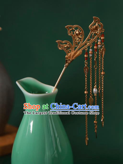 Ancient Empress Hair Jewelry Handmade Wedding Headpiece China Tang Dynasty Golden Tassel Hairpin