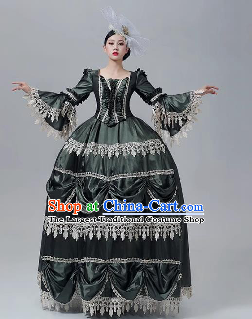 European Court Costume British Medieval Retro Clothing Stage Outfit Atrovirens Baroque Long Dress