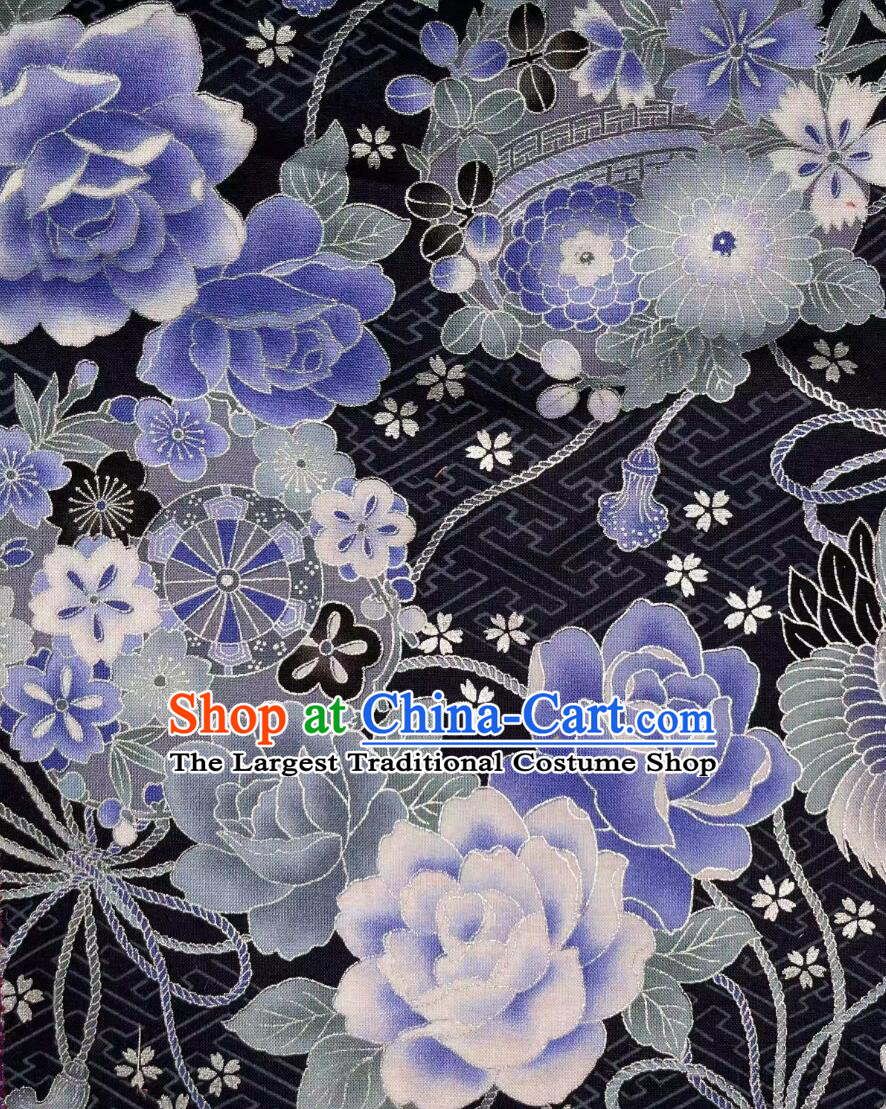 Black Traditional Japanese Fabric Classical Peony Crane Pattern Fabric