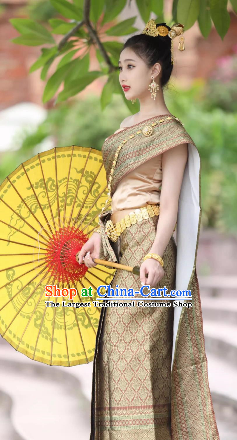 Thai Traditional Clothing Women Set Off Shoulder Thailand Daily Costume Welcome Work Uniform