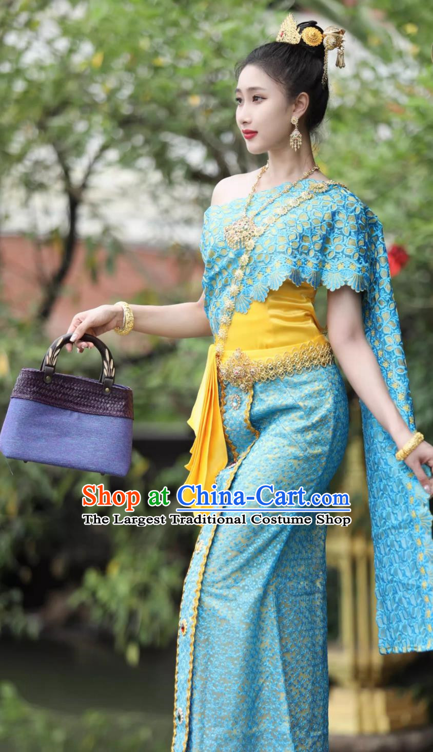 Thai Clothing Women Set Thailand Traditional Embroidered Costume Blue Uniform