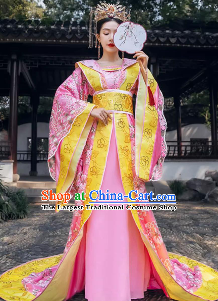 Ancient Chinese Empress Clothing Traditional Hanfu Online Shop Pink Tang Dynasty Imperial Consort Trailing Dress Complete Set