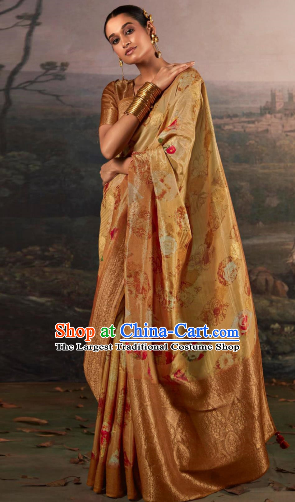 India National Women Clothing Indian Traditional Costume Orange Sari Dress