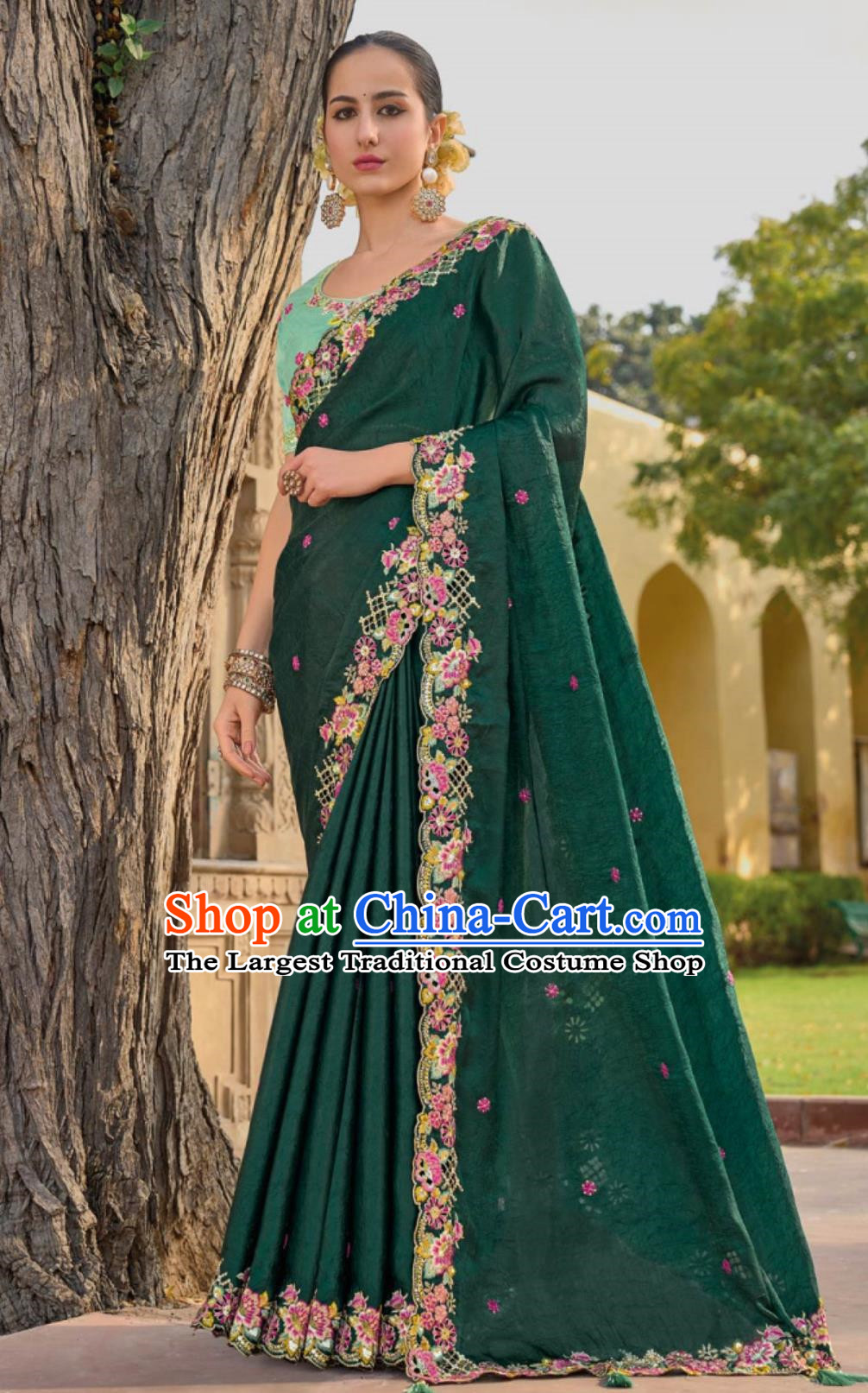 India National Clothing Traditional Festival Fashion Indian Women Embroidered Dark Green Sari Dress