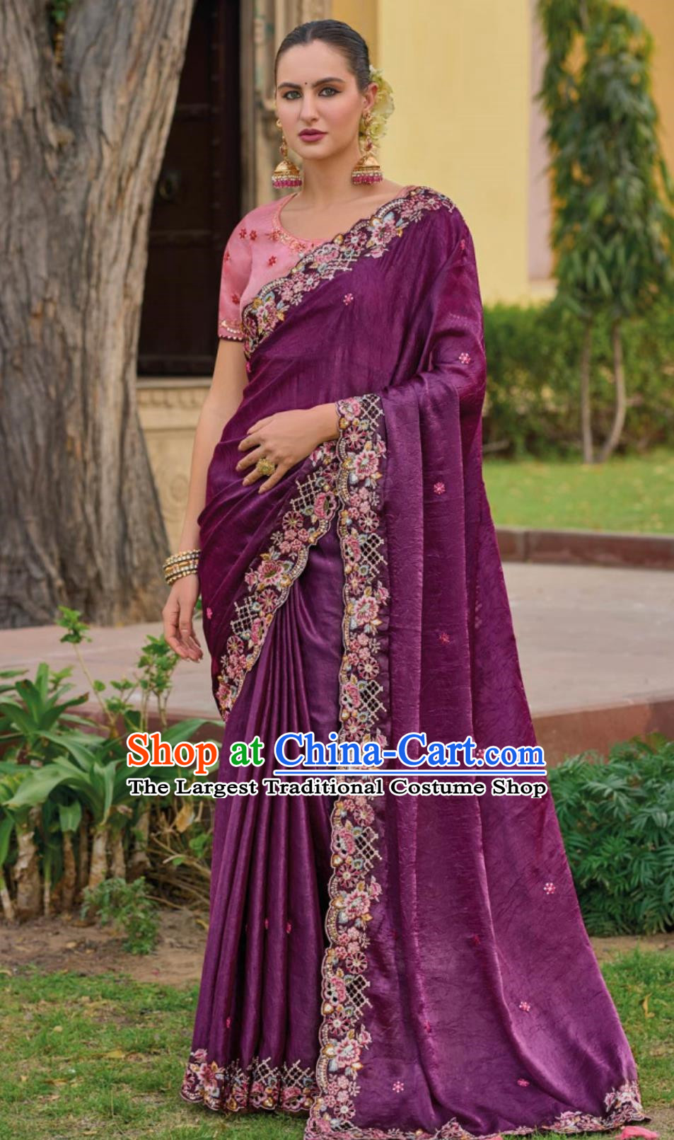 Indian Women Embroidered Purple Sari Dress India National Clothing Traditional Festival Fashion