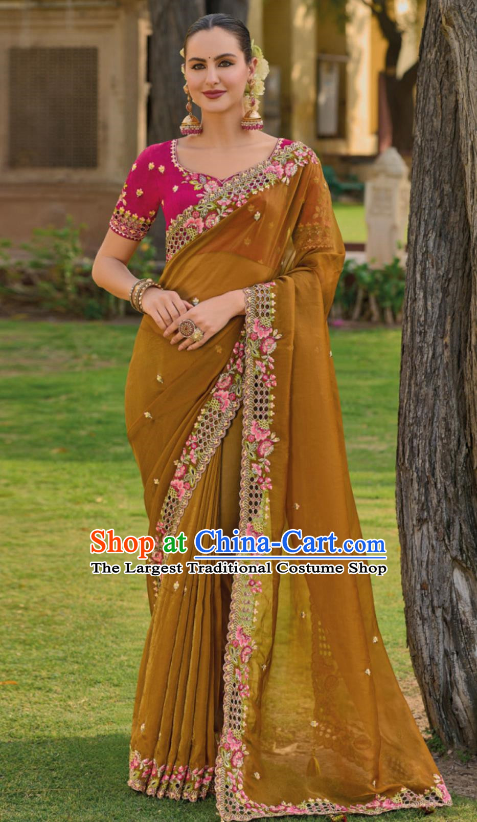 India Women Embroidered Ginger Saree Dress Traditional Sari National Clothing Indian Festival Costume