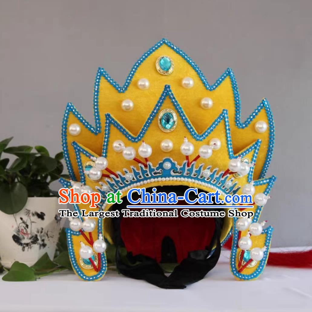 China Sichuan Face Changing Hat Traditional Handmade Opera Headwear Stage Magic Performance Yellow Helmet
