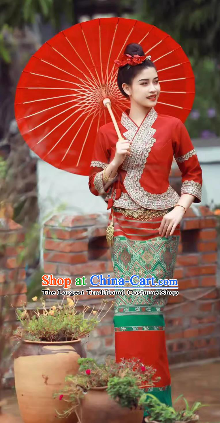China Dai Ethnic Bride Wedding Dress Xishuangbanna Festival Clothing Thailand Traditional Red Shirt and Skirt