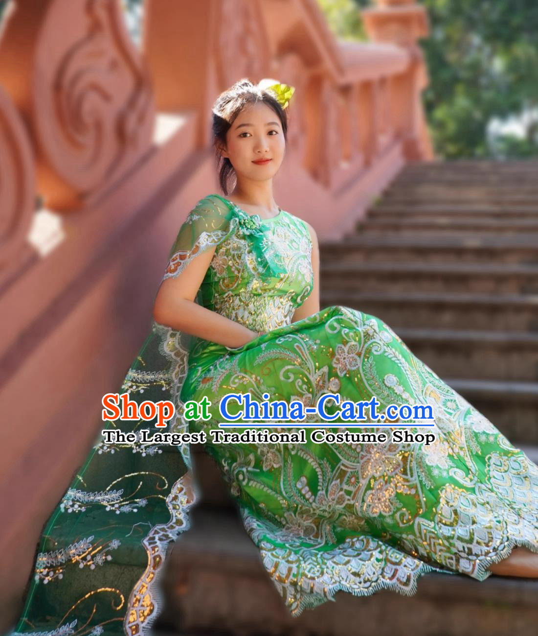 China Xishuangbanna Dai Ethnic Clothing Water Splashing Festival Dance Green Top And Long Skirt Sleeveless Dai Costume